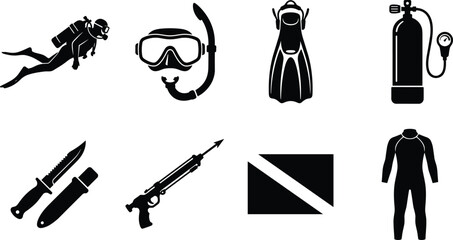Collection of scuba diving equipment and water sports icons including diver, mask, fins, tank, and wetsuit © MdSaiful