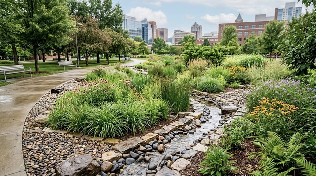 Modern Urban Rain Garden with Native Plants