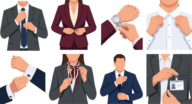 Professional Business Dress Code and Office Attire Etiquette Vector Icon Set with Formal Clothing Adjustment Illustrations