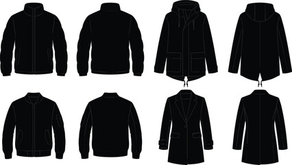 Collection of vector outerwear jacket templates showing front and back views of puffer parka bomber and overcoat styles © MdSaiful