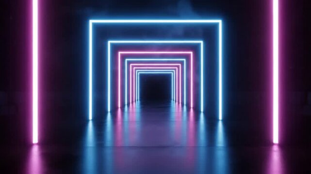 Futuristic tunnel with neon lights reflecting on the dark floor and forming an abstract visual experience