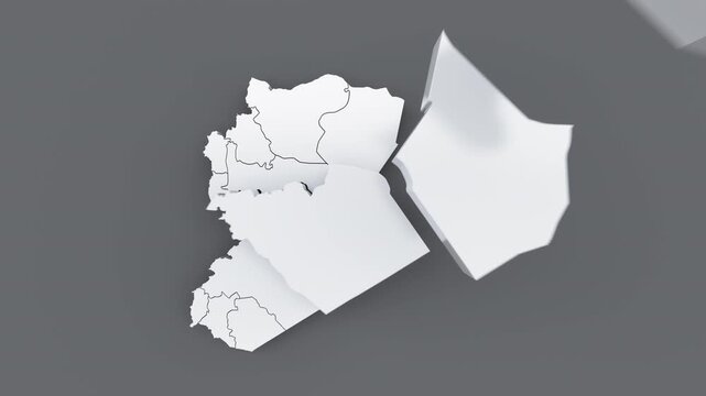 Syria political map animation with assembling regions on gray background