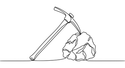 Continuous line drawing of a pickaxe striking a rock, symbolizing mining, geology, and hard work. © Kaleng