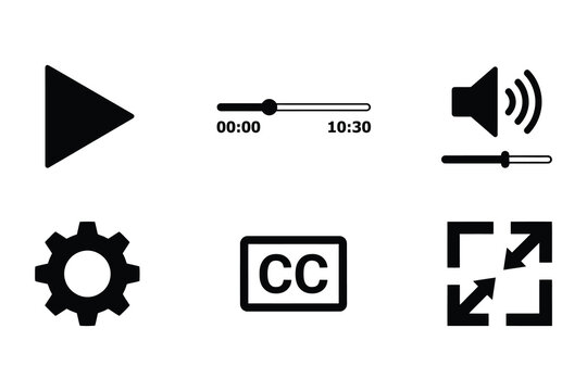 Essential media player and interface control icons set with closed caption player controls web element icon set interface settings fullscreen playback application software technology