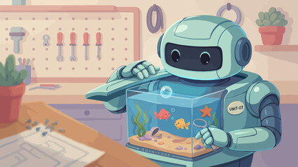 Robot holding fish tank in workshop tools cactus shelf potted plant blueprint © Asad