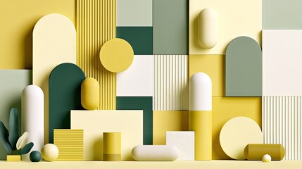 Geometric architectural wall with yellow and green shapes.