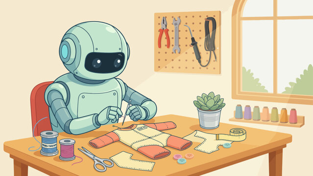 Robot sewing on wooden table in workshop machine stitching fabric thread needle