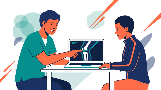 Doctor shows MRI scan of knee joint on laptop to patient, modern flat vector illustration.