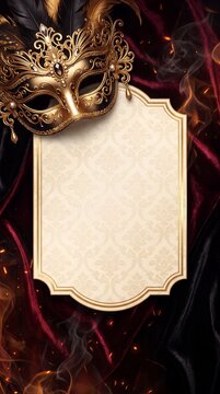 Elegant Golden Venetian Masquerade Mask with Blank Vintage Frame on Luxury Red Velvet Background