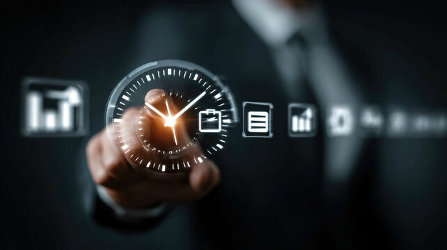 Digital time management concept with virtual clock interface productivity icons deadline tracking smart scheduling workflow automation and efficiency optimization for modern business operations