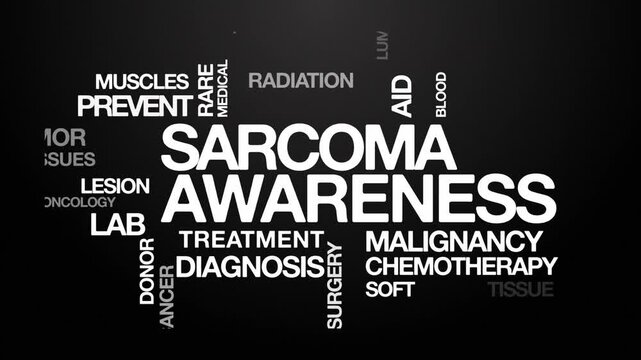 Sarcoma awareness concept Animated Tag Word Cloud kinetic typography, Text Design Animation typography seamless loop video motion graphics Intro Wordart arrangement white type on black background bg b