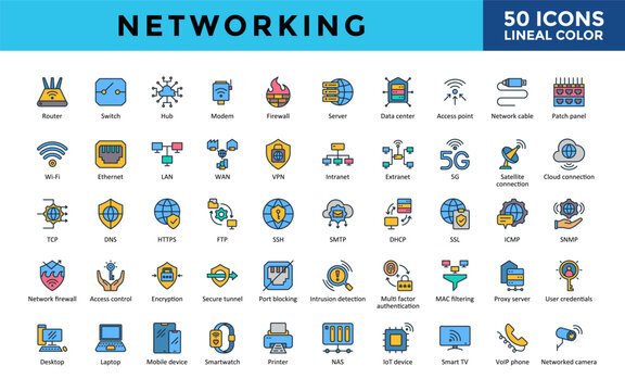 Networking icons set with router, switch, hub, modem, firewall, server, data center, access point, network cable, patch panel icon. Simple lineal color vector 
