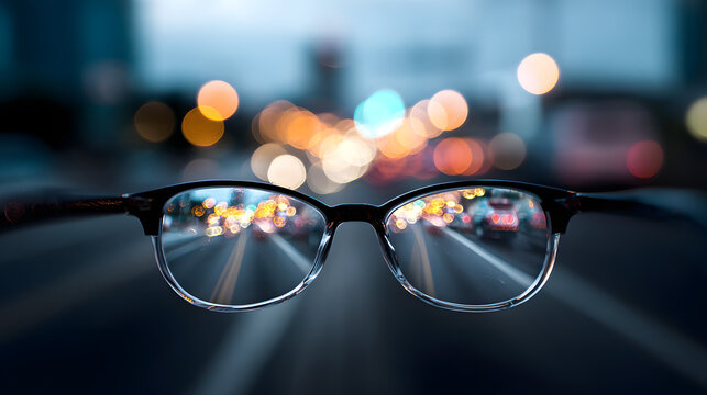 Concept of clear vision with glasses focusing on a blurry city street at night, symbolizing optical correction, sharp focus, optometry, and clear perspective.