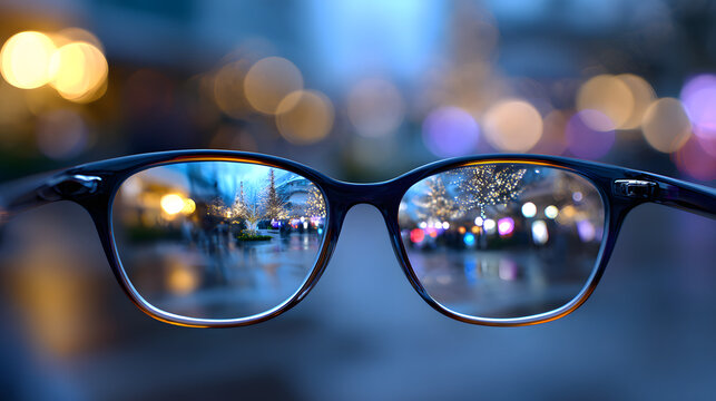 Close-up of eyeglasses showing a sharp, focused view of a festive city street with holiday lights, contrasting with a blurry bokeh background representing vision correction.