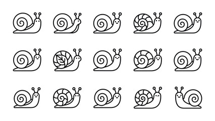 Cute Cartoon Snails Set, Kawaii Style, Vector Icons, Simple Outline Art © anap