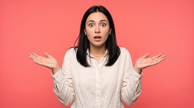 Shocked young woman gesturing confused with hands raised on coral pink background confused surprised uncertain expression background portrait lifestyle clueless question