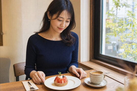 窓辺のカフェでいちごタルトを見つめる紺色ニットの女性