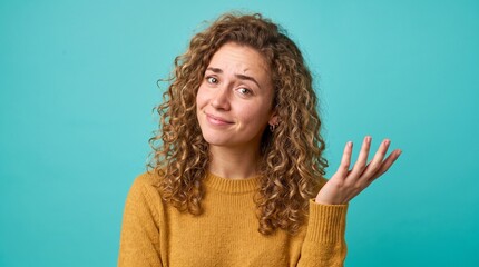 Obraz premium Curly haired woman shrugging shoulders feeling uncertain against teal blue background with shrugging uncertain confused background lifestyle expression clueless question