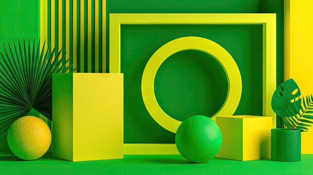 Green and yellow geometric 3D podium with tropical leaf.