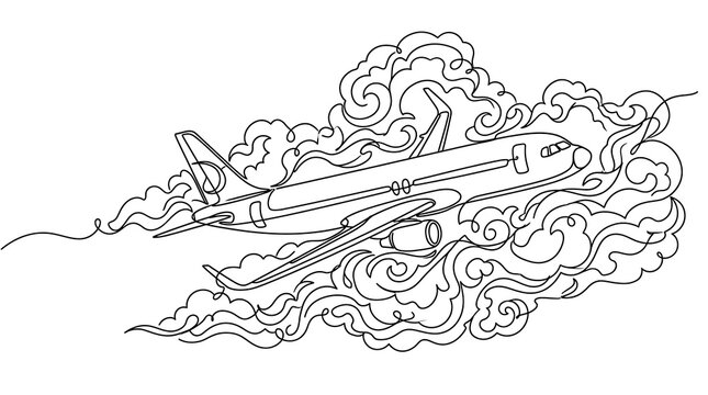Elegant line art airplane flying through stylized cloud patterns design