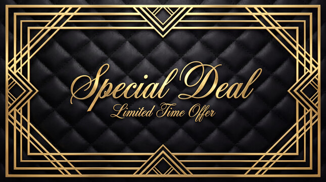 Luxury special deal banner with gold geometric frame on black quilted texture background. Elegant marketing promotion design for retail sale. Premium business invitation and display template.
