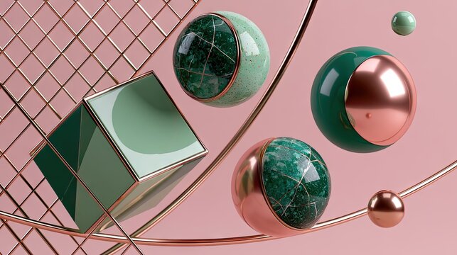 Green marble and copper 3D geometric abstract composition.
