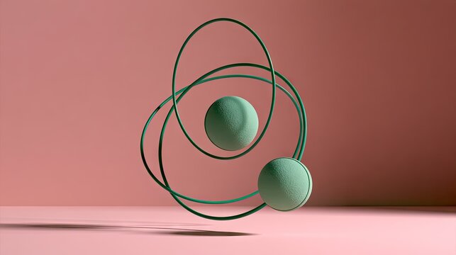 Green wireframe rings surrounding sphere on pink background.
