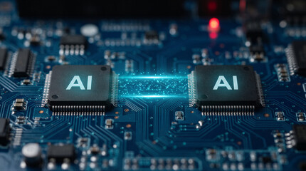Fototapeta premium Artificial intelligence chips on a circuit board with glowing data transfer connection representing advanced computing and machine learning