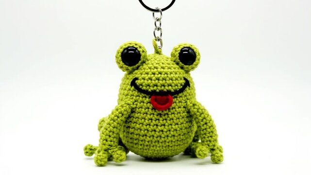 Cute Handmade Crochet Green Frog Keychain with Big Eyes and Red Tongue on White Background
