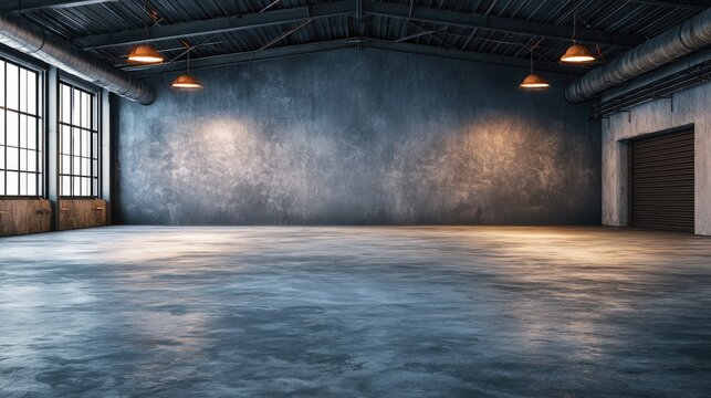 Gritty concrete warehouse studio with hanging lamps.