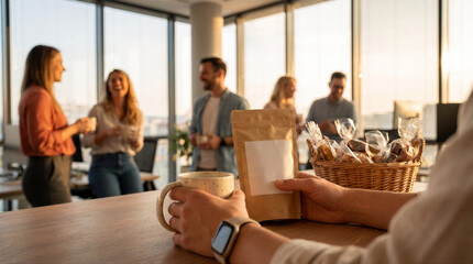 Fototapeta premium Closeup of a person holding a coffee bag and a mug in an office setting with colleagues chatting in the background during a break