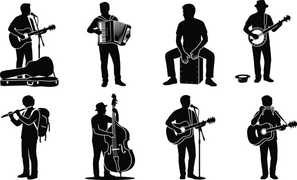 Street Musician Silhouette Collection Featuring Guitar Accordion Banjo Flute Harmonica Bass and Percussion Performers Vector Set