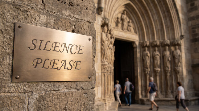 Silence please sign on a stone wall in front of a historic cathedral entrance with people walking by in the background