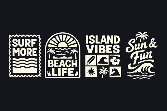 Vintage surf badges and beach life emblems, retro island vibes summer typography set, monochrome tropical sun and fun vector illustrations