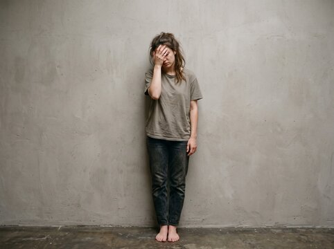 Sad young woman standing against gray wall covering her face with hands depressed emotional suffering hopelessness isolation solitude heartbreak downtrodden desperate