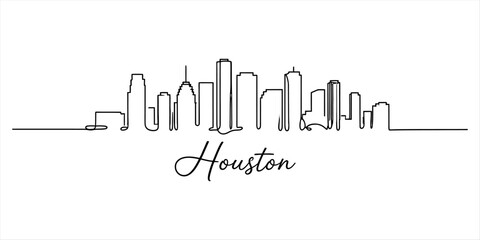 Houston city skyline continuous line drawing with modern skyscrapers and elegant calligraphy typography in a simple minimalist vector illustration style © Pabon Art Gallery
