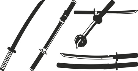 Japanese katana sword silhouette set with scabbard isolated on white background © Elizabeth