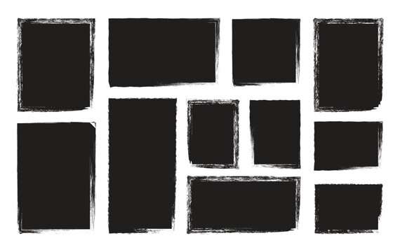Torn paper frames with rough edges vector set. Black square shapes with ripped jagged borders on white background.  Vector illustration.  