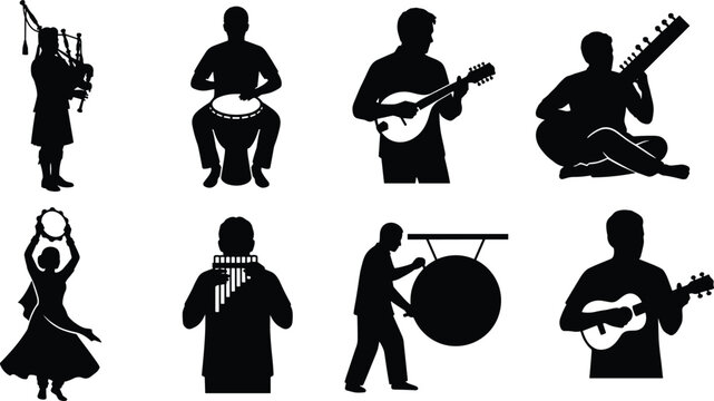 Traditional folk musicians silhouette vector set featuring performers playing bagpipe djembe sitar pan flute gong and mandolin