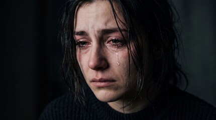 Fototapeta premium Emotional Portrait of a Depressed Young Woman Crying with Tears and Red Eyes on Dark Background
