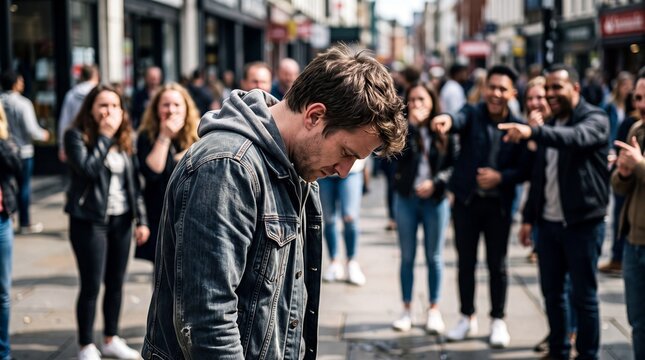 Social Anxiety and Bullying Concept: Sad Young Man Mocked by Crowds in Public Street