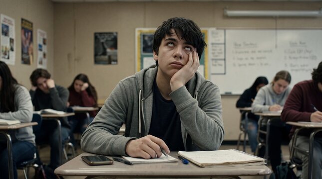 Bored Male High School Student Rolling Eyes During Lesson in Classroom