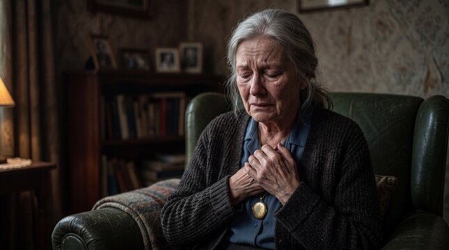 Grieving Elderly Woman Crying and Clutching Locket While Sitting Alone in Living Room