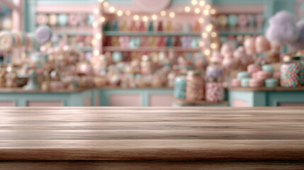 Fototapeta premium Wooden table pastel shop blurred background empty surface retail interior decorative shelf soft light craft store wood texture copy space