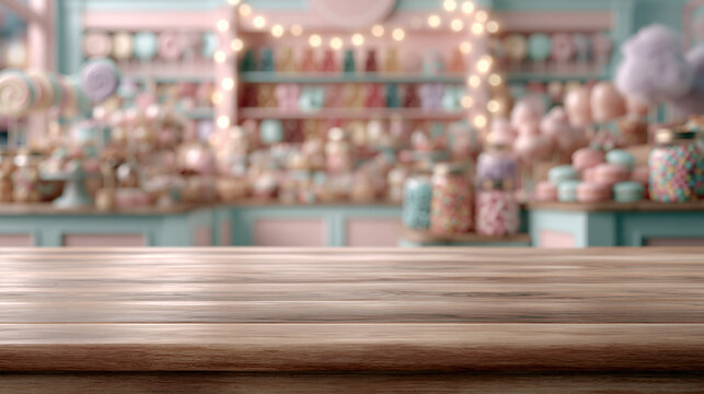 Wooden table pastel shop blurred background empty surface retail interior decorative shelf soft light craft store wood texture copy space