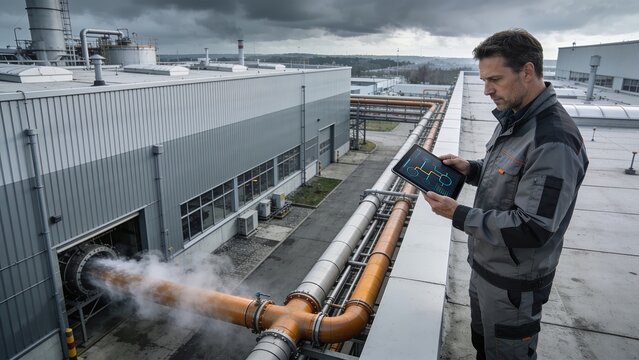 Industrial ecologist using tablet. Expert monitoring factory emissions.
