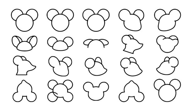 Minimalist Mouse Head and Ears Line Art Icon Set featuring Abstract Rodent Silhouettes and Outline Geometric Shapes for Creative Logo Designs