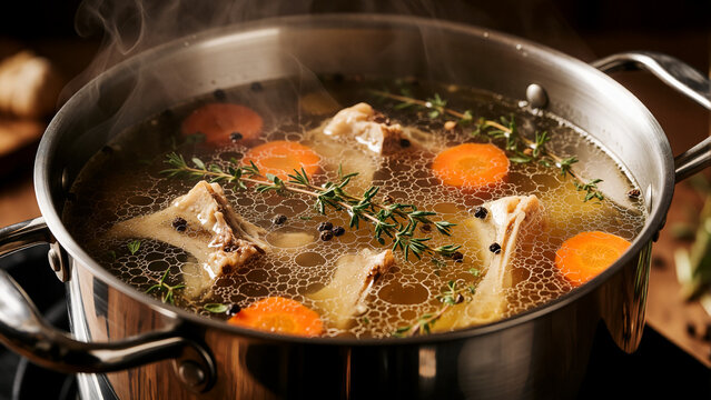stock pot simmering bones - Simmering bone broth with carrots and herbs in a stainless steel pot on a stove with rising steam and warm lighting for a healthy home cooking concept