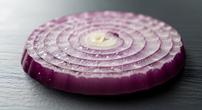 Fresh slice of red onion with water droplets on dark background.