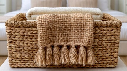 Obraz premium Cozy Woven Basket with Soft Blanket and Decorative Throw in a Minimalist Living Room Setting
